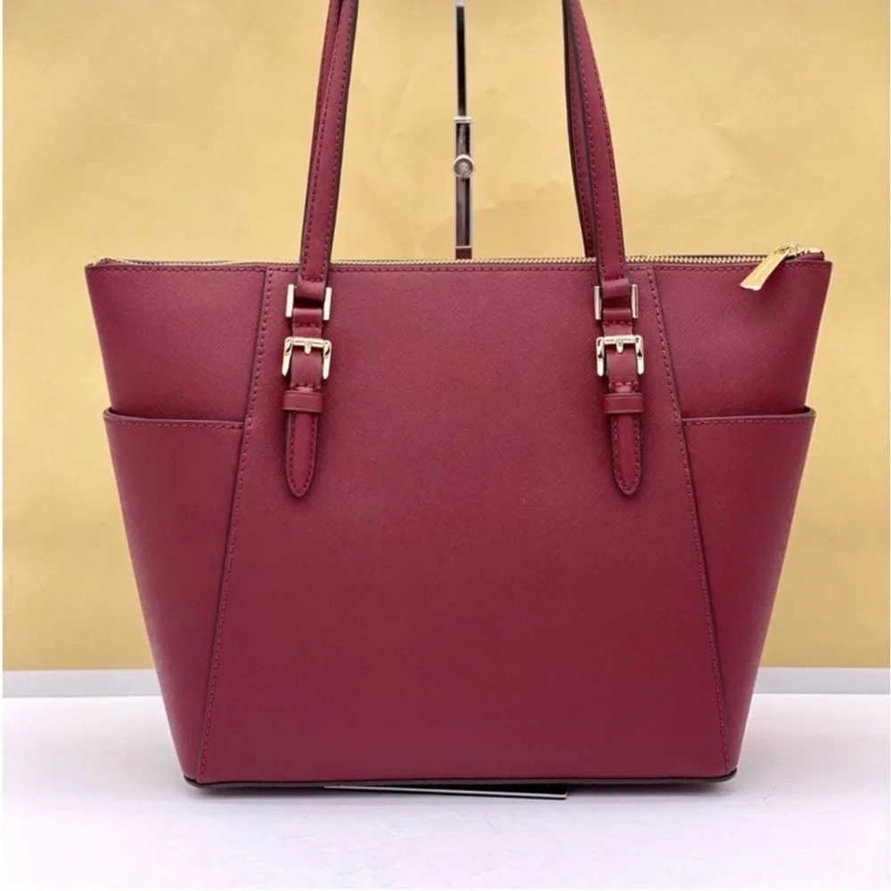 Michael Kors Charlotte Leather Tote Shoulder Bag Dark Cherry